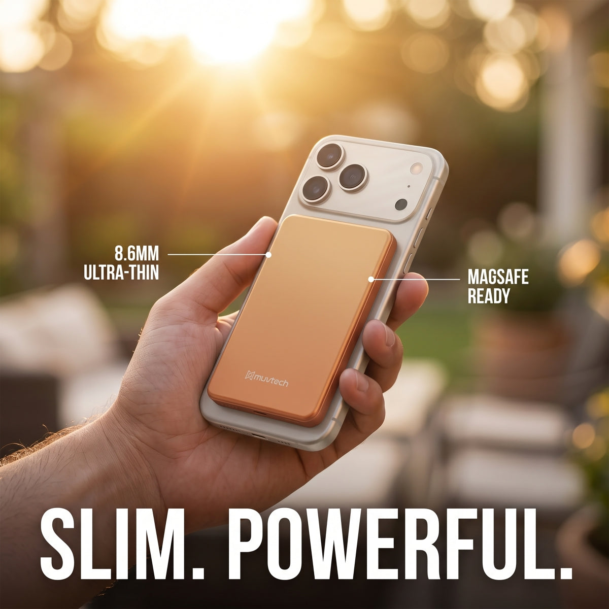 Muvtech AEROSLIM 5,000mAh magnetic power bank in Cosmic Orange, held on an iPhone