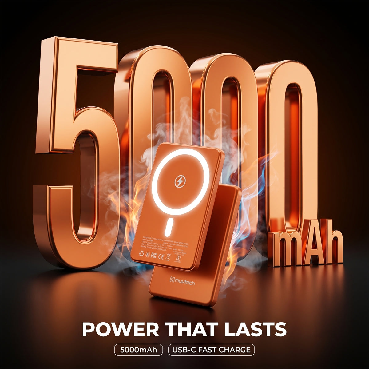 Muvtech AEROSLIM 5,000mAh magnetic power bank in Cosmic Orange, 5,000mAh capacity
