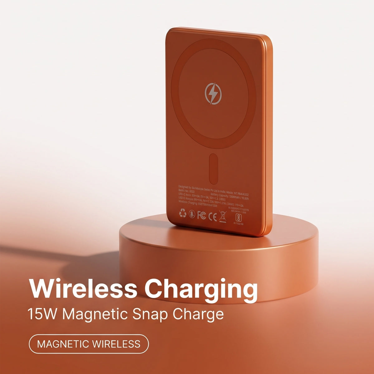 Muvtech AEROSLIM 5,000mAh magnetic power bank in Cosmic Orange, wireless charging pad
