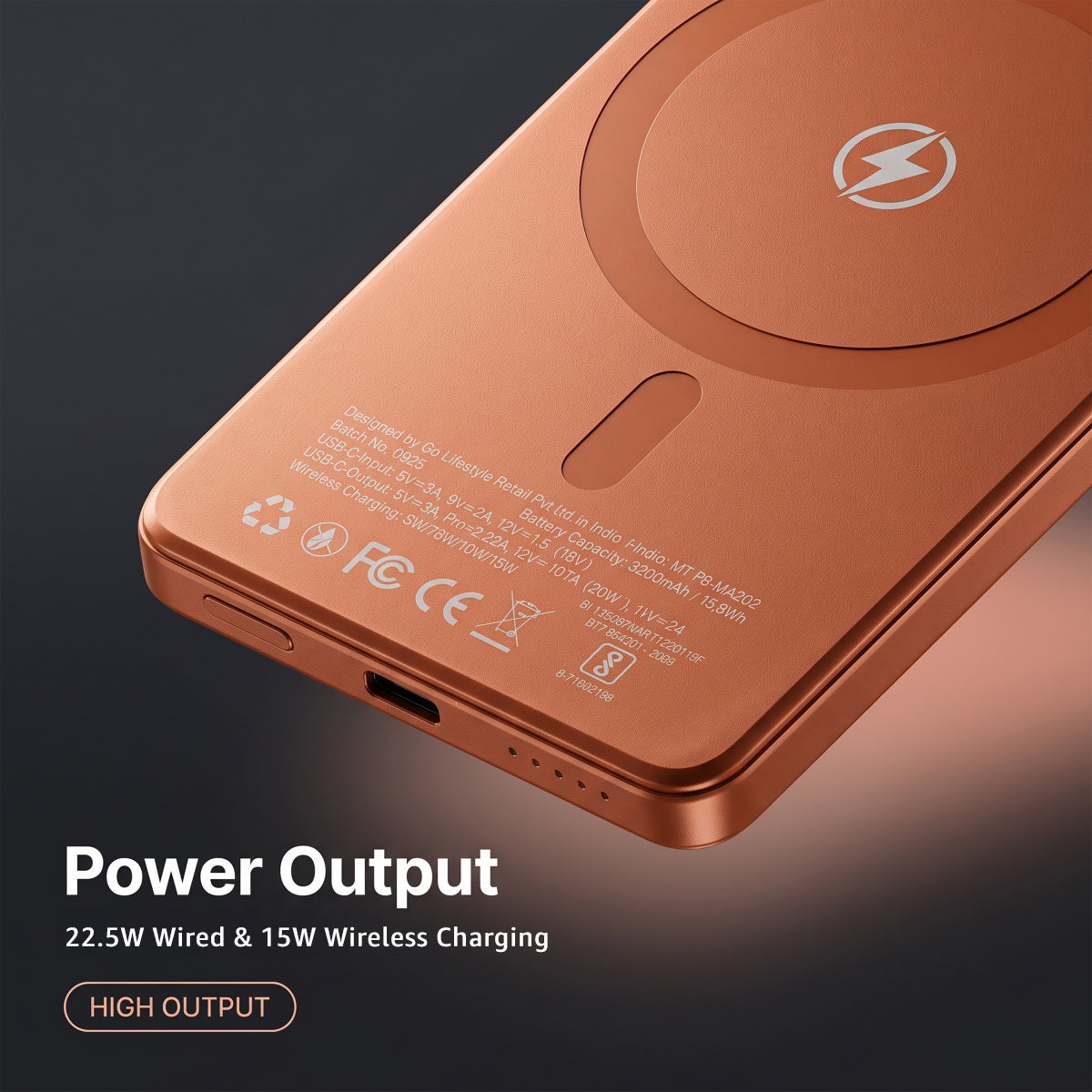 Muvtech AEROSLIM 5,000mAh magnetic power bank in Cosmic Orange, back view with ports