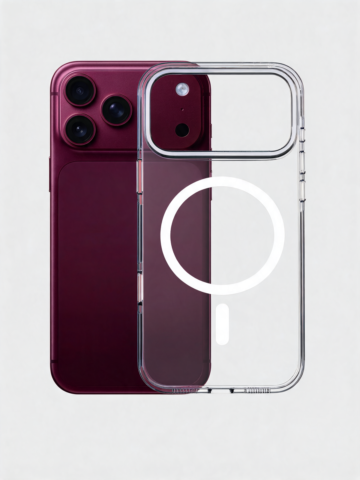 A clear MagSafe-compatible phone case shown over a dark burgundy smartphone, with a white MagSafe ring graphic printed on the case, against a light gray background.