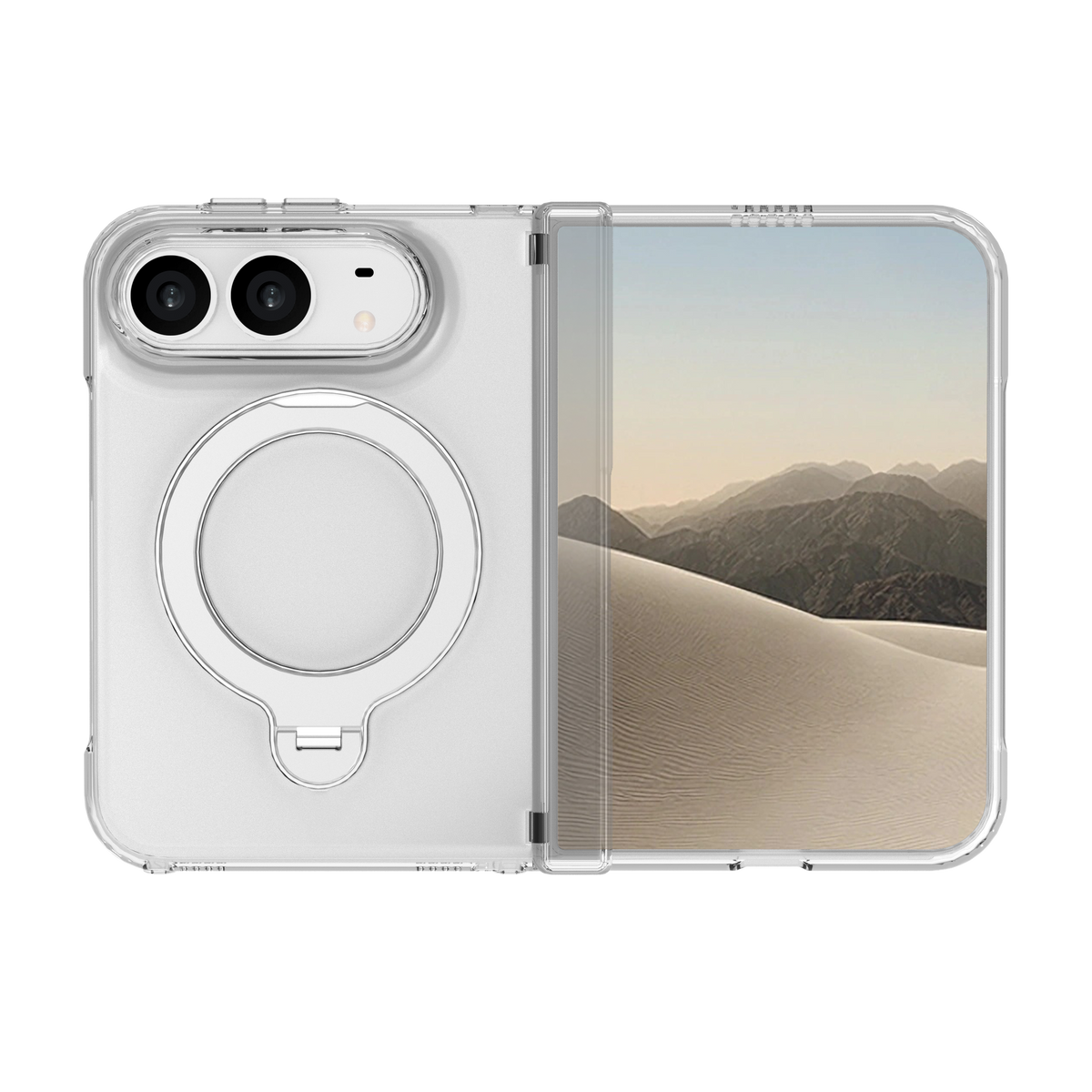 Muvtech Helix Case for iPhone Duo in Clear, opened flat with ring stand #Color_Clear