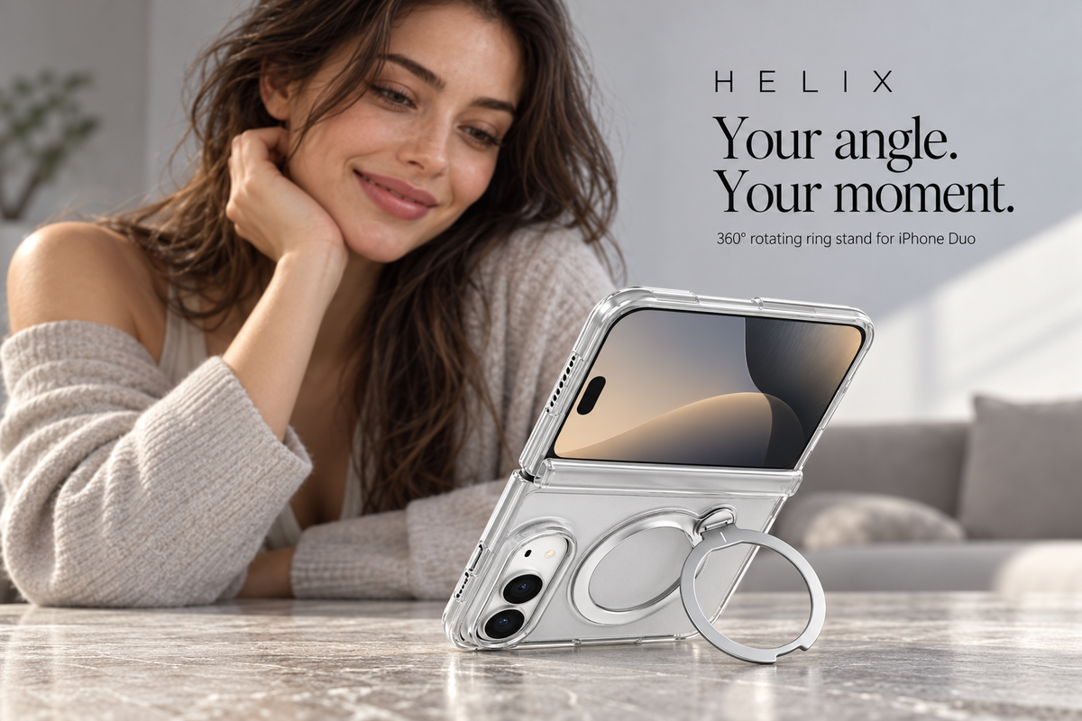 Muvtech Helix clear case for iPhone Duo standing on its 360° ring stand #Color_Clear