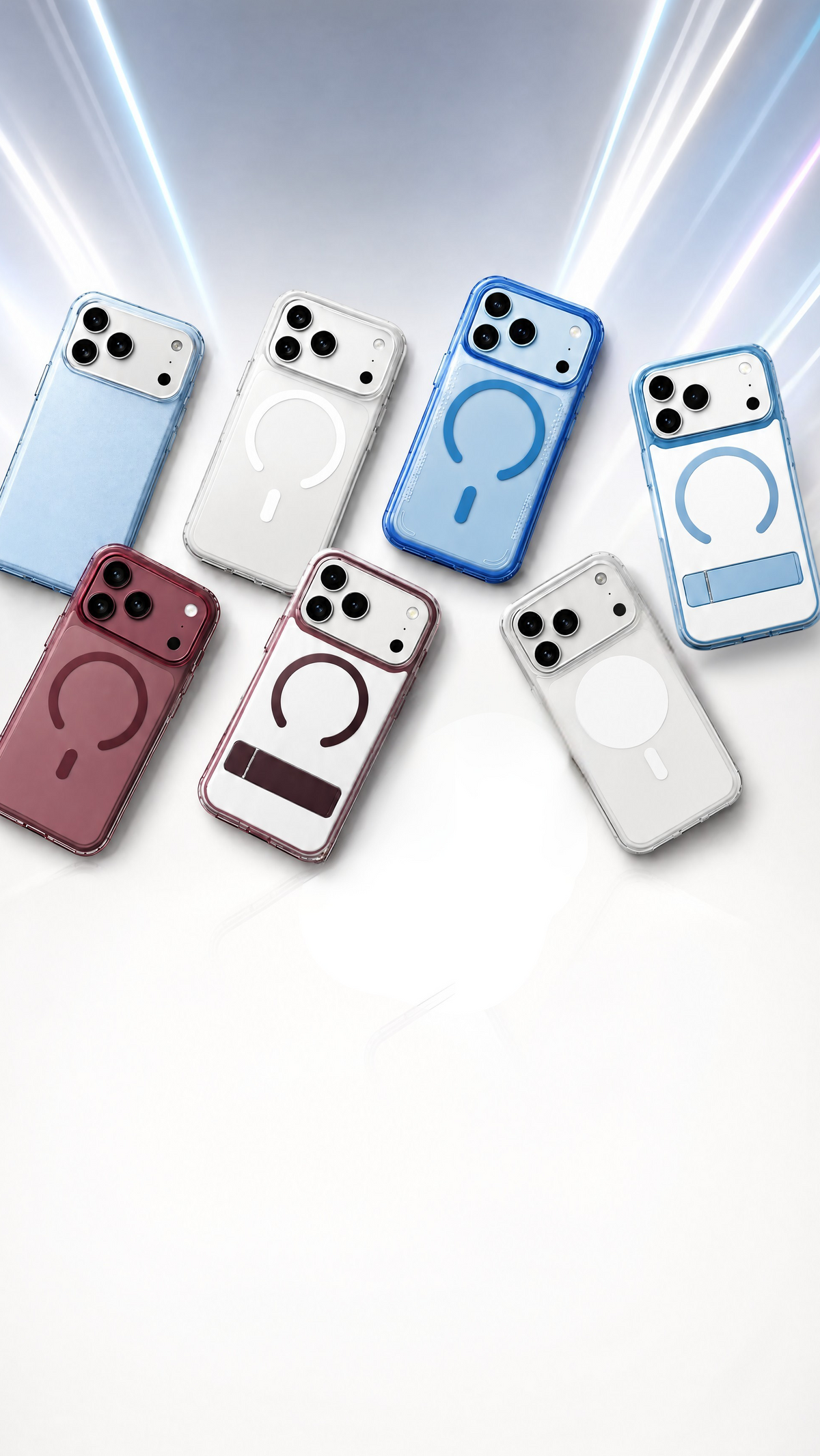 Six MagSafe-compatible phone cases in various colors (light blue, white, royal blue, dusty rose, and dark pink) are arranged diagonally on a white background with a subtle light burst effect.
