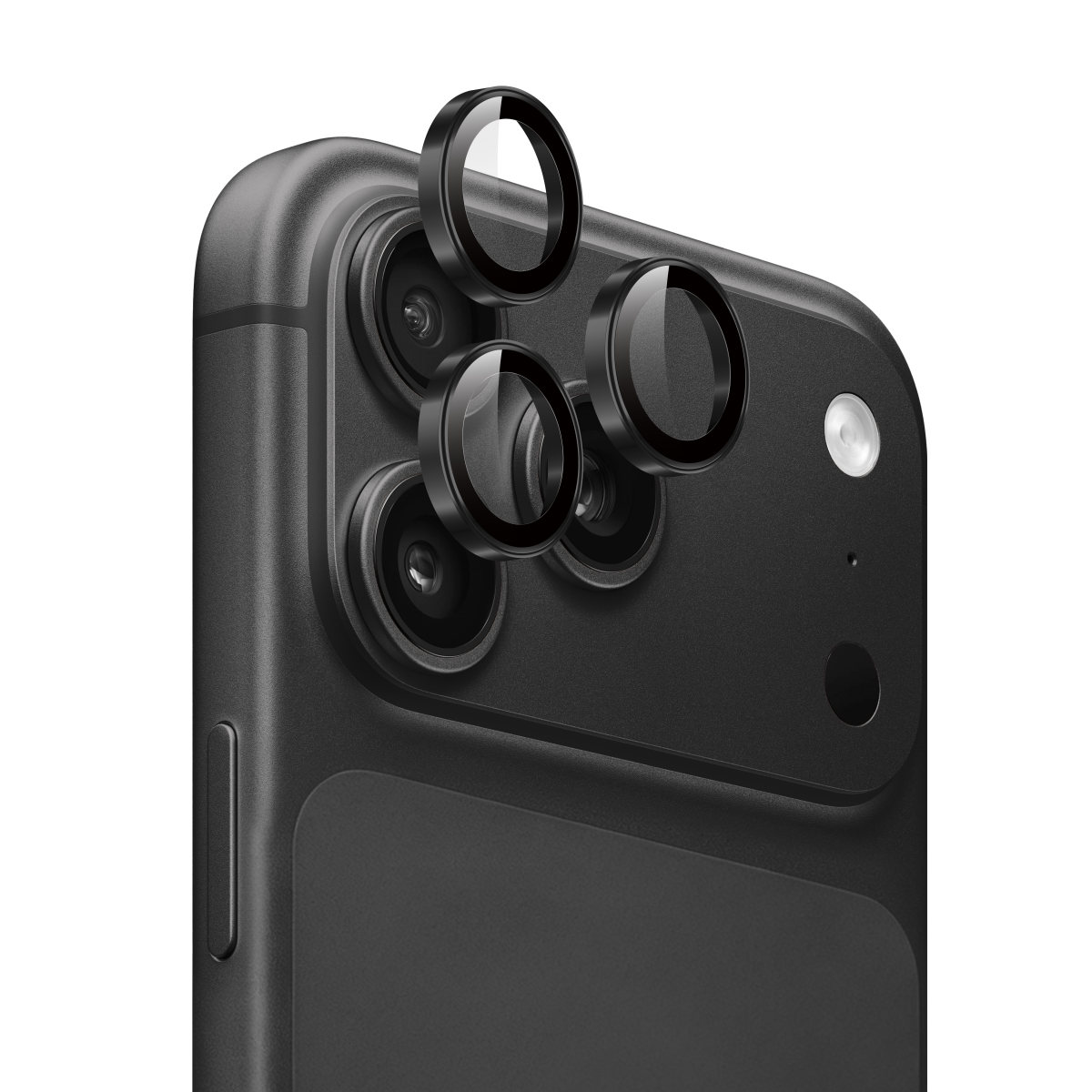 Muvtech IRIS iPhone 18 Pro and Pro Max camera lens protector in Black, three camera lens protectors shown above the rear cameras #Color_Black