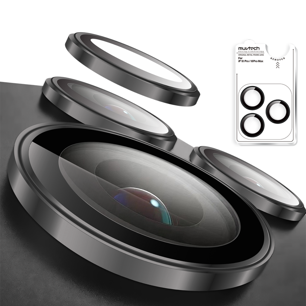 Muvtech IRIS iPhone 18 Pro and Pro Max camera lens protector in Black, close-up of the protective ring and glass construction #Color_Black