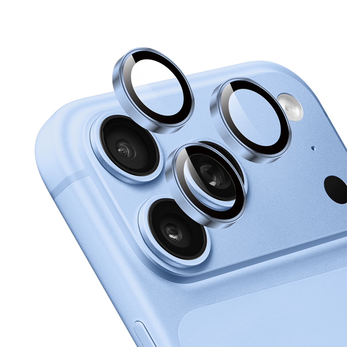 Muvtech IRIS iPhone 18 Pro and Pro Max camera lens protector in Glacier Blue, angled view of the individual lens rings #Color_Glacier_Blue