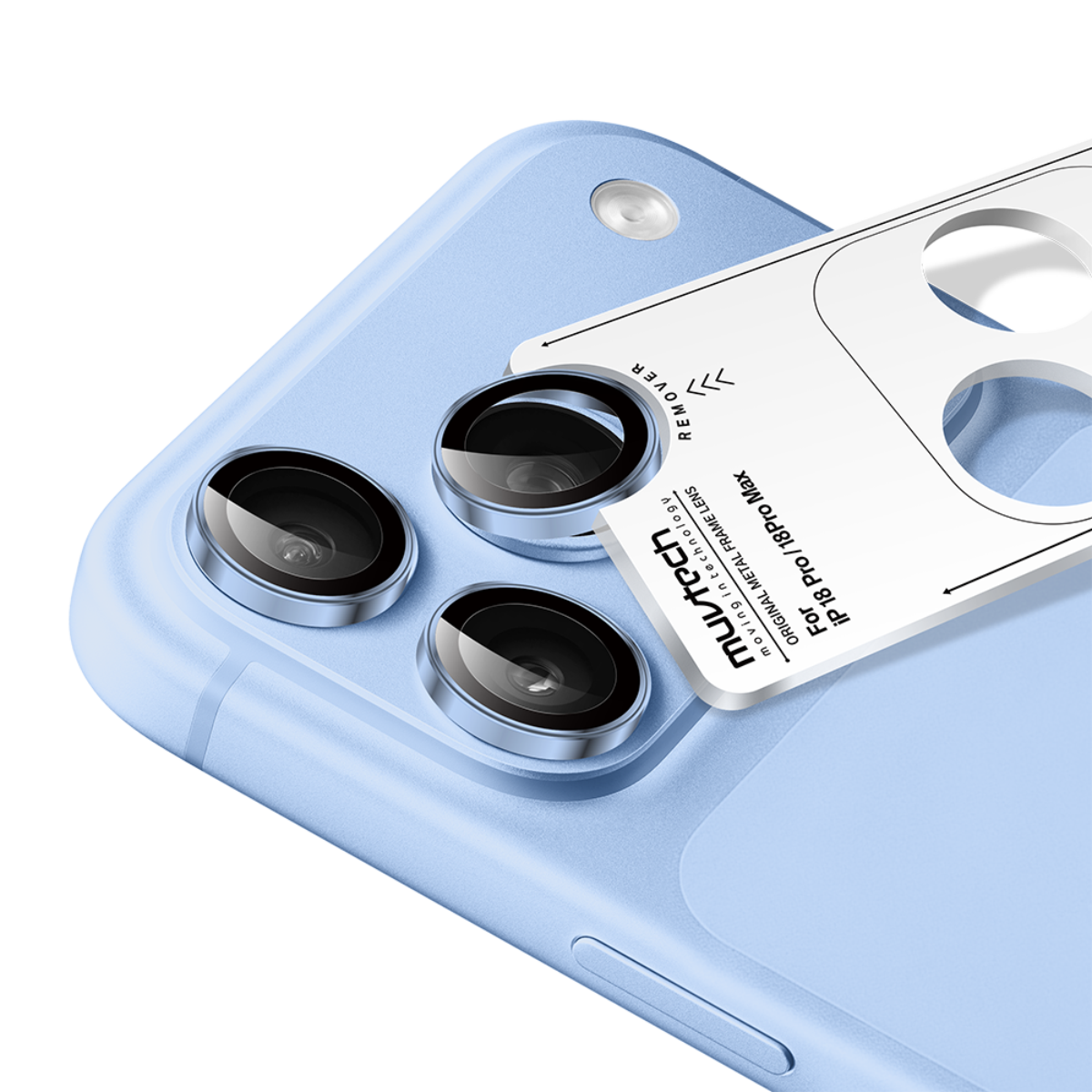 Muvtech IRIS iPhone 18 Pro and Pro Max camera lens protector in Glacier Blue, camera lens protector set with alignment applicator #Color_Glacier_Blue
