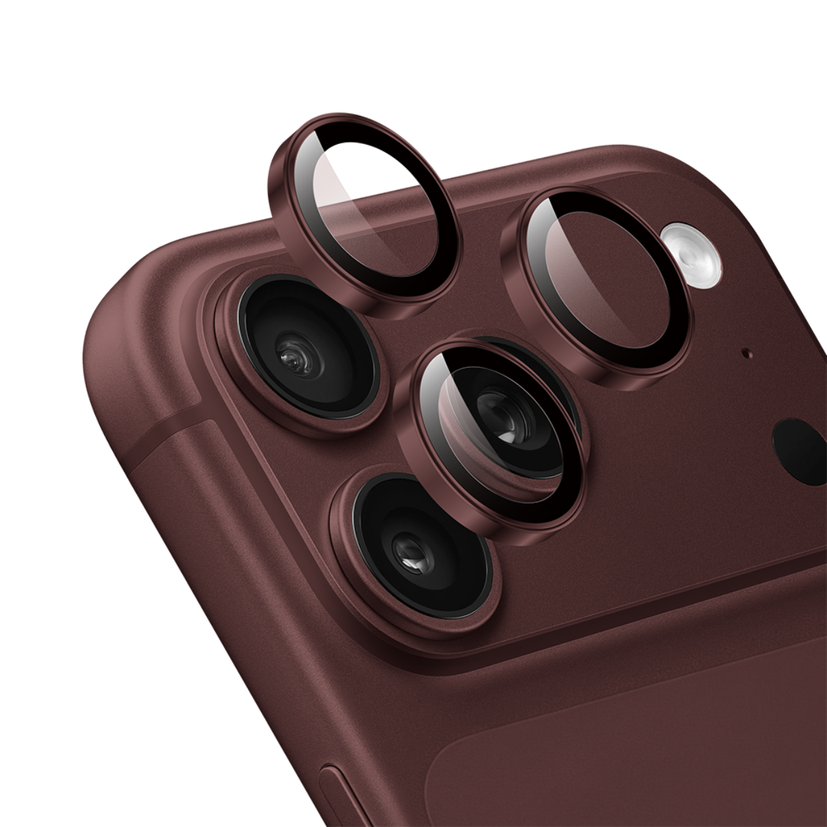 Muvtech IRIS iPhone 18 Pro and Pro Max camera lens protector in Burgundy, angled view of the individual lens rings #Color_Burgundy