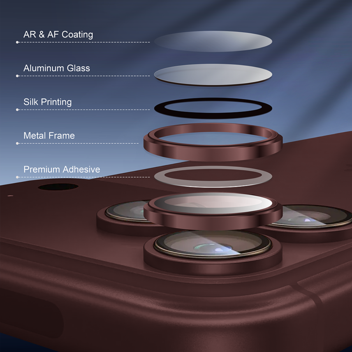 Muvtech IRIS iPhone 18 Pro and Pro Max camera lens protector in Burgundy, exploded view of the coating, glass, metal frame and adhesive #Color_Burgundy