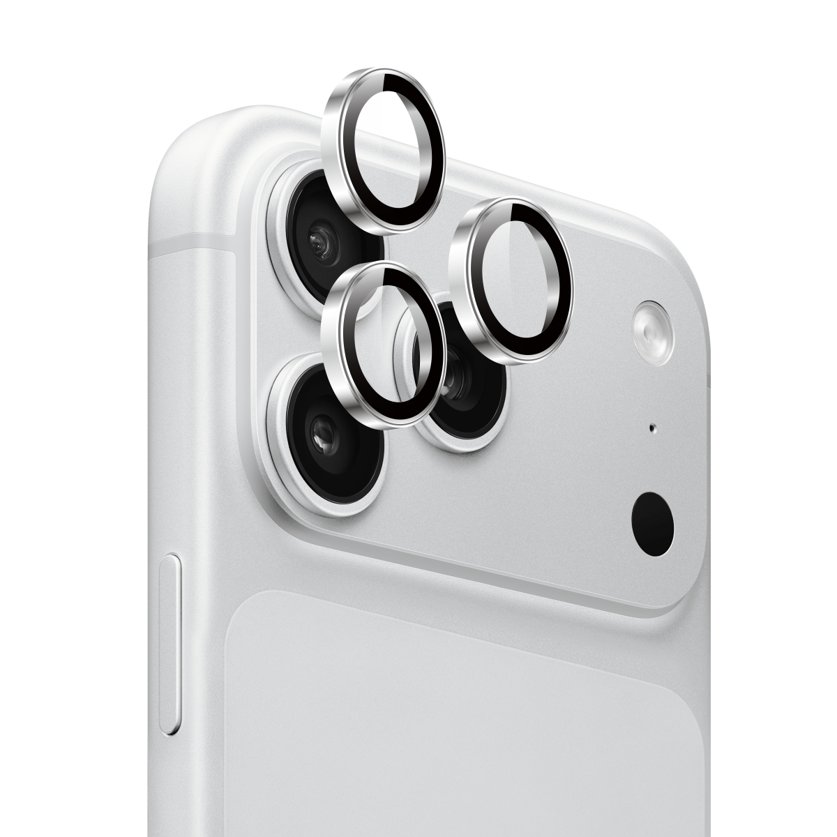 Muvtech IRIS iPhone 18 Pro and Pro Max camera lens protector in Silver, three camera lens protectors shown above the rear cameras #Color_Silver