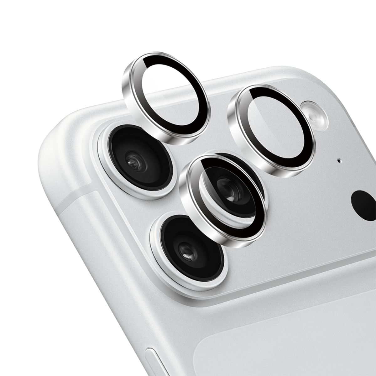 Muvtech IRIS iPhone 18 Pro and Pro Max camera lens protector in Silver, angled view of the individual lens rings #Color_Silver