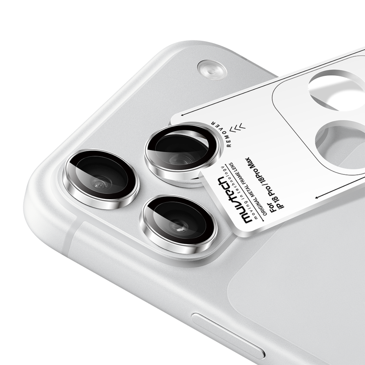 Muvtech IRIS iPhone 18 Pro and Pro Max camera lens protector in Silver, camera lens protector set with alignment applicator #Color_Silver