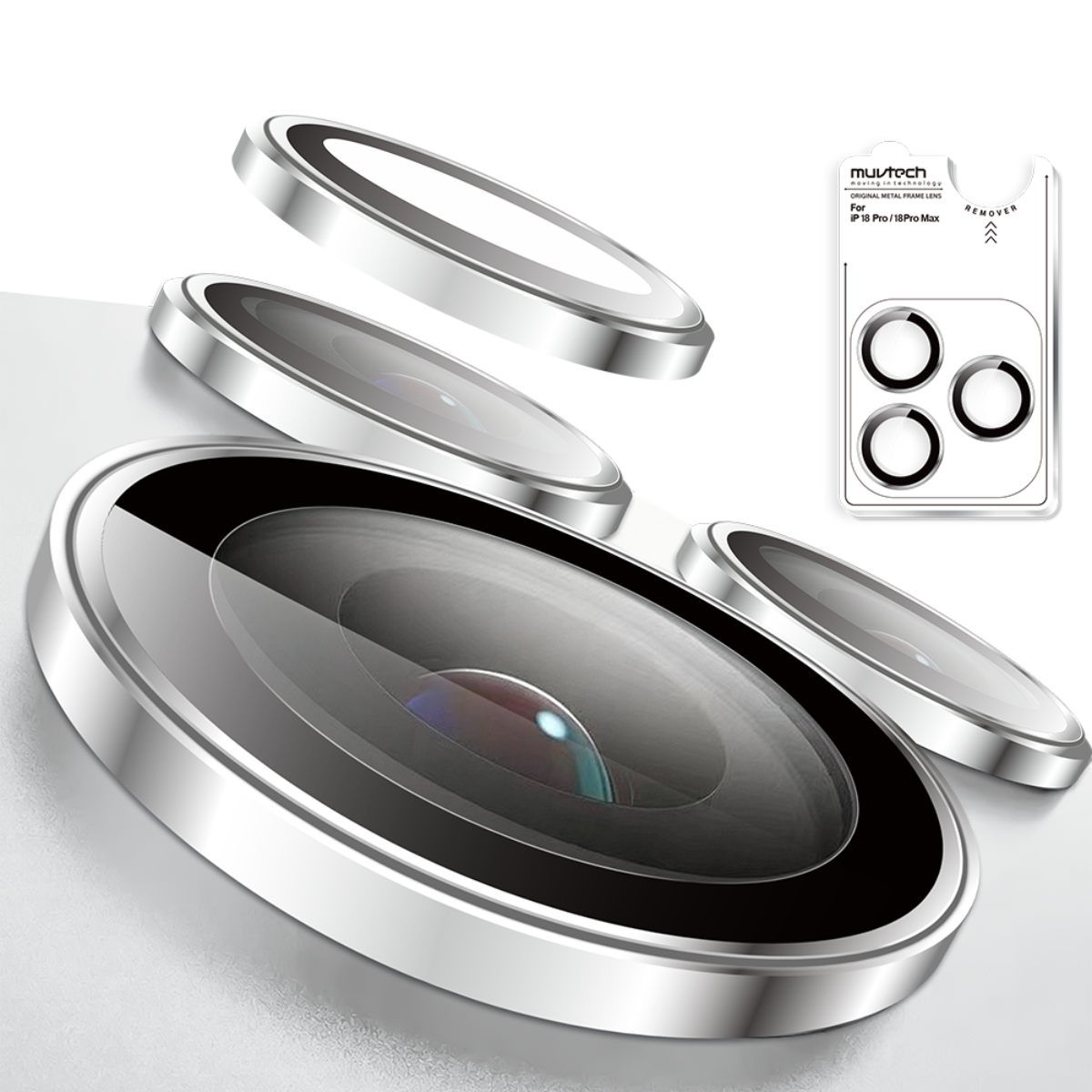 Muvtech IRIS iPhone 18 Pro and Pro Max camera lens protector in Silver, close-up of the protective ring and glass construction #Color_Silver