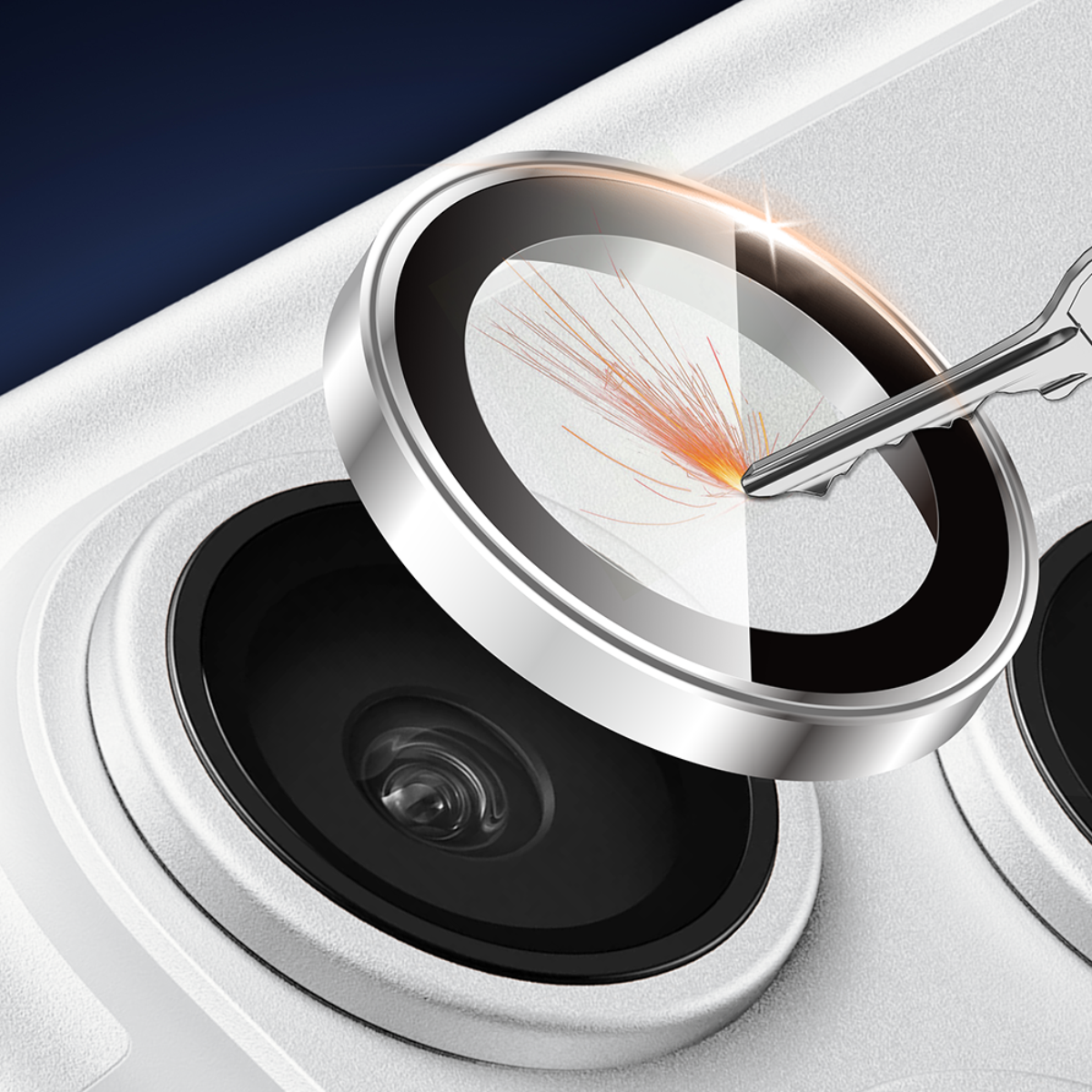 Muvtech IRIS iPhone 18 Pro and Pro Max camera lens protector in Silver, scratch-resistance illustration with a key #Color_Silver