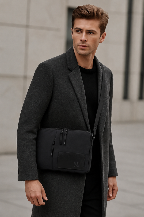 The Loft Laptop Sleeve in Black carried under the arm #Color_Black