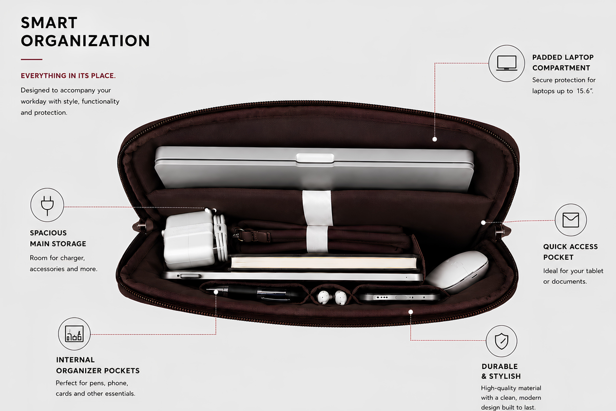The Loft Laptop Sleeve in Chocolate, padded interior and organiser pockets #Color_Chocolate
