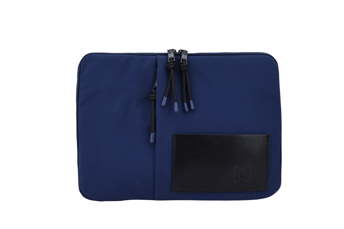 The Loft Laptop Sleeve in Blue, front view with PU leather pocket #Color_Blue