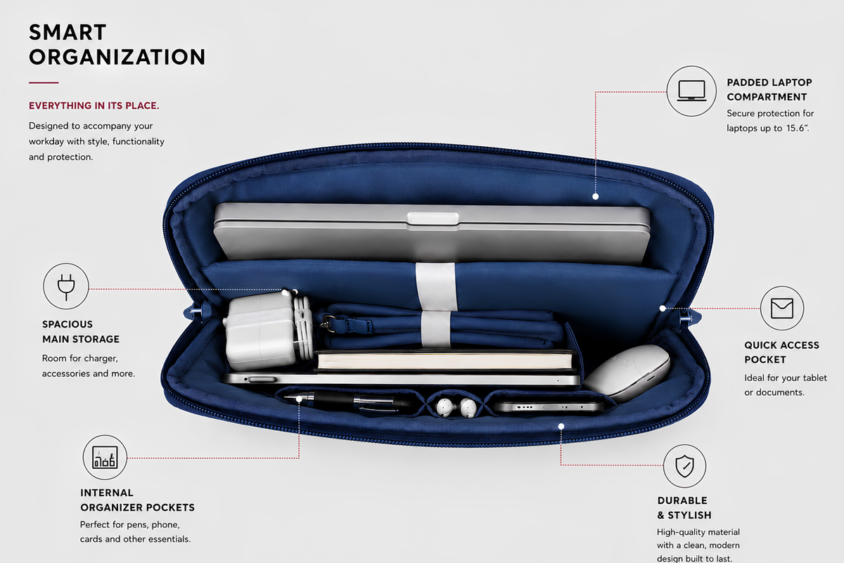 The Loft Laptop Sleeve in Blue, padded interior and organiser pockets #Color_Blue
