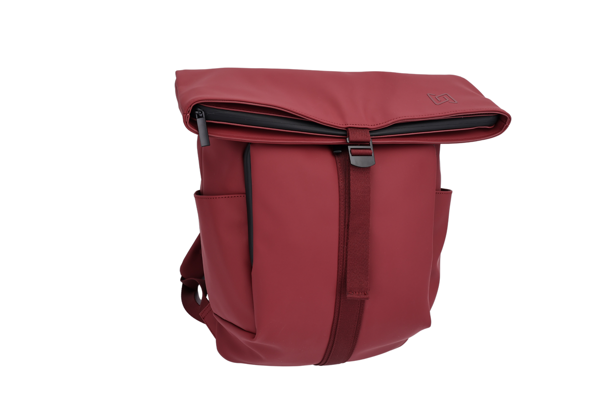 The Outpost Roll-Top Backpack in Burgundy, angled view #Color_Burgundy