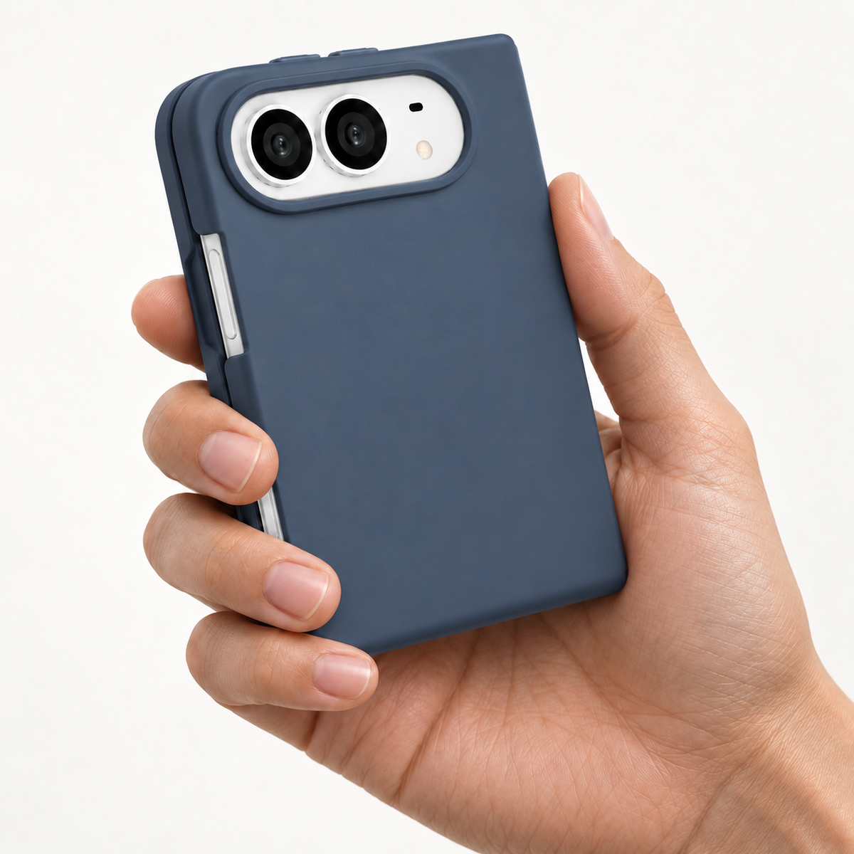 Muvtech Sera Case for iPhone Duo in Navy Blue, silicone finish held in one hand #Color_Navy_Blue
