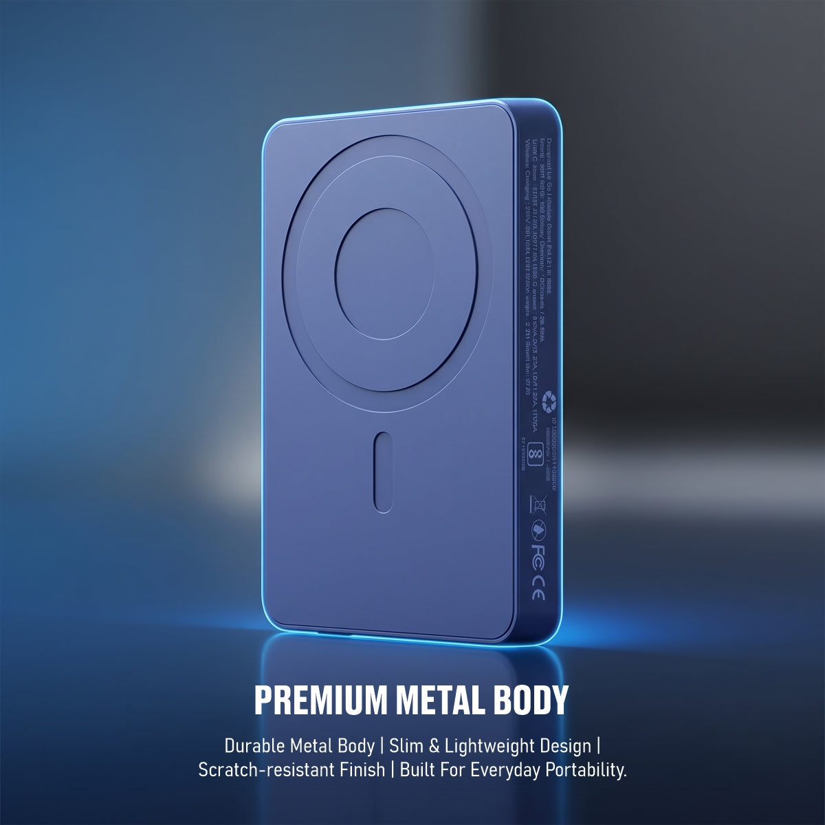 Muvtech Slim Pro 10,000mAh 3-in-1 power bank in Navy Blue, metal body