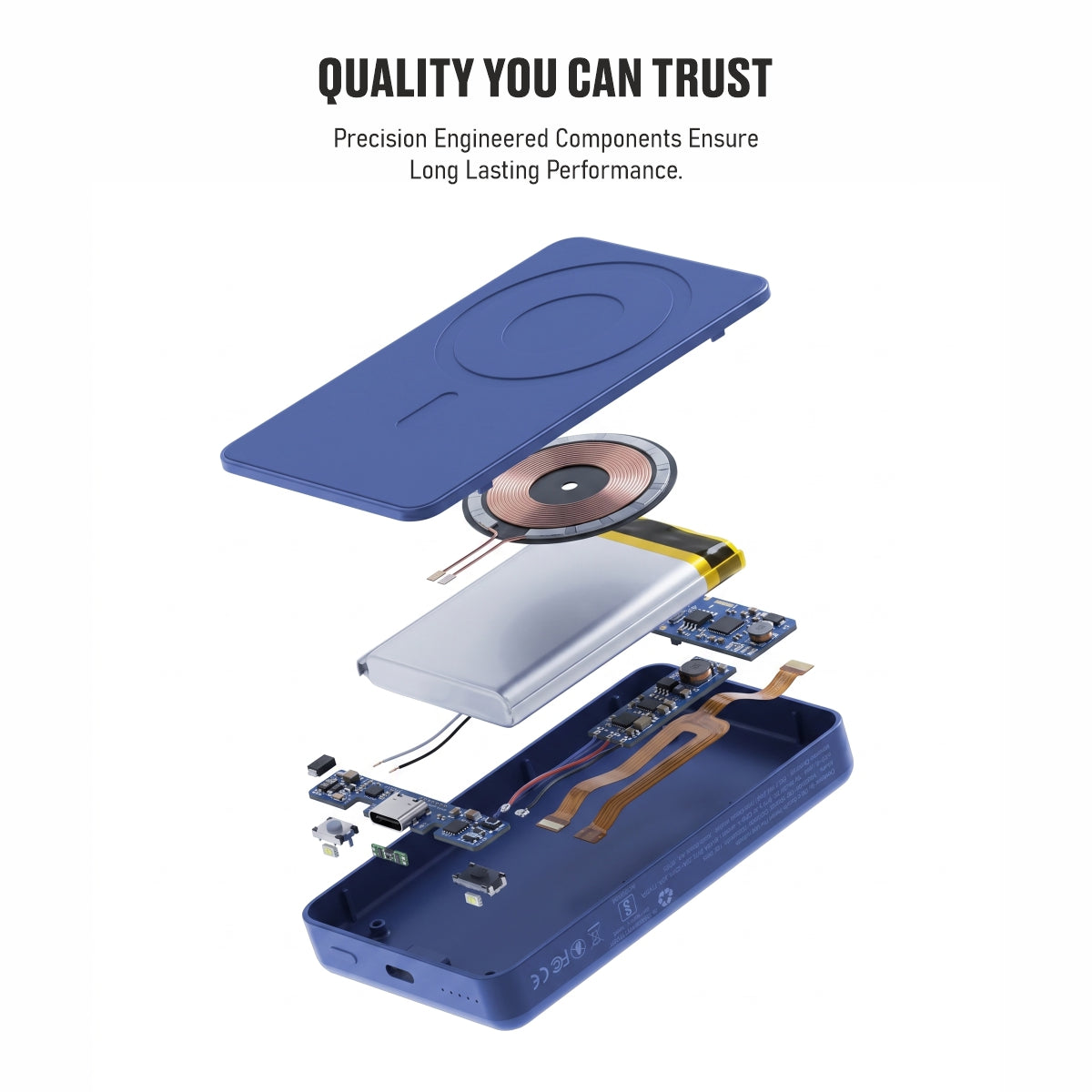 Muvtech Slim Pro 10,000mAh 3-in-1 power bank in Navy Blue, exploded view of internal components