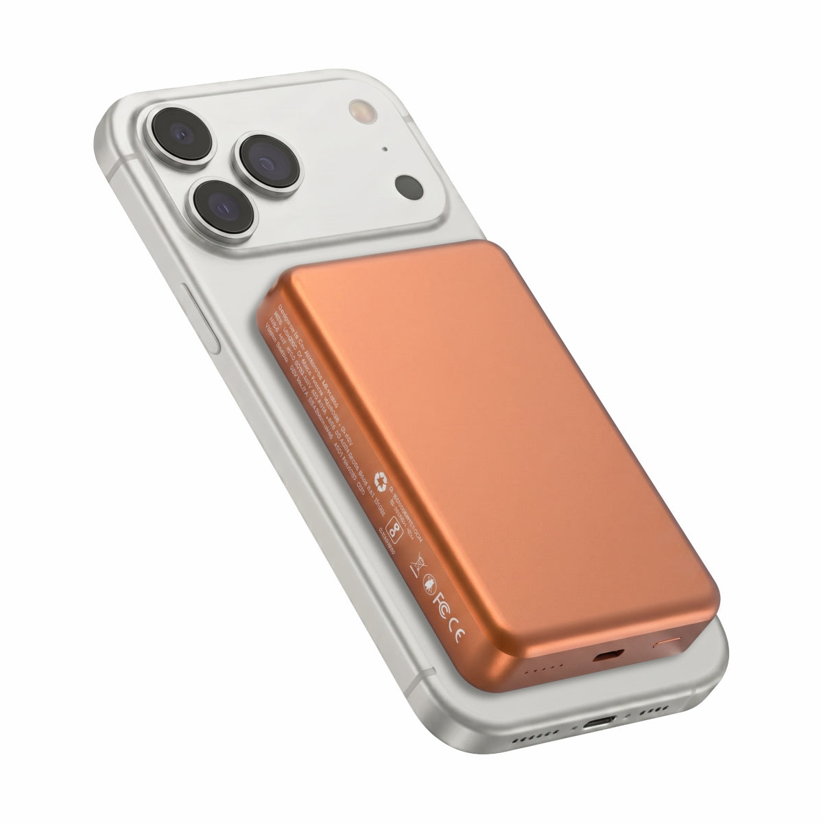 Muvtech Slim Pro 10,000mAh 3-in-1 power bank in Orange, attached to an iPhone