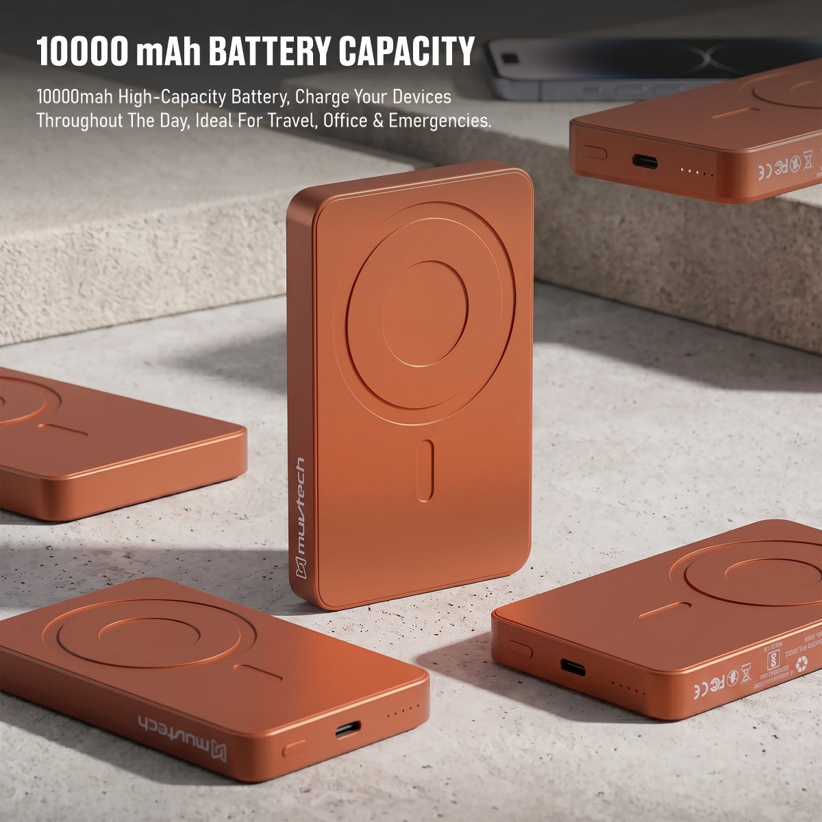 Muvtech Slim Pro 10,000mAh 3-in-1 power bank in Orange, 10,000mAh capacity