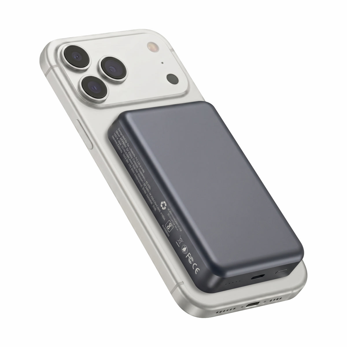 Muvtech Slim Pro 10,000mAh 3-in-1 power bank in Steel Grey, attached to an iPhone