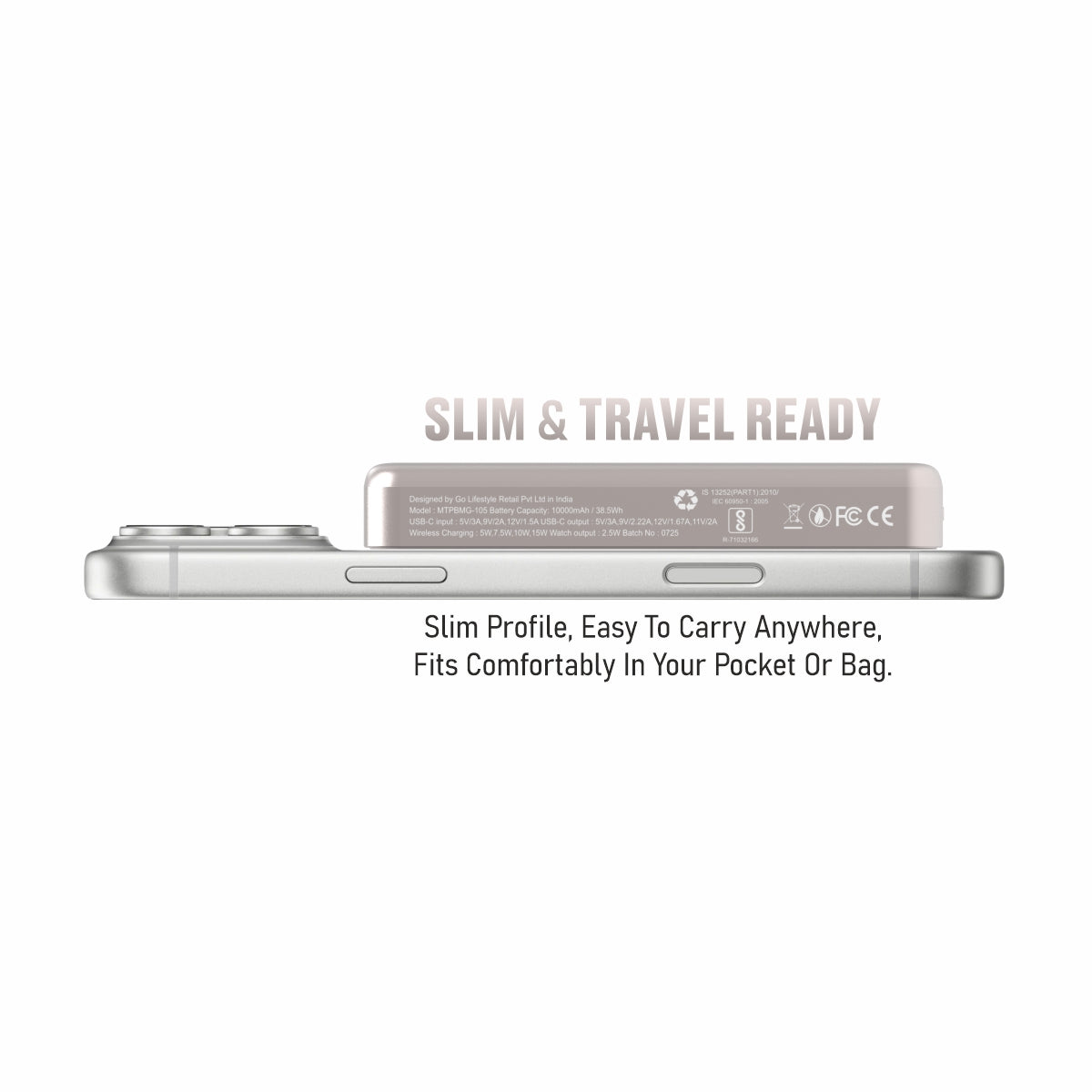 Muvtech Slim Pro 10,000mAh 3-in-1 power bank in Titanium, side profile on an iPhone