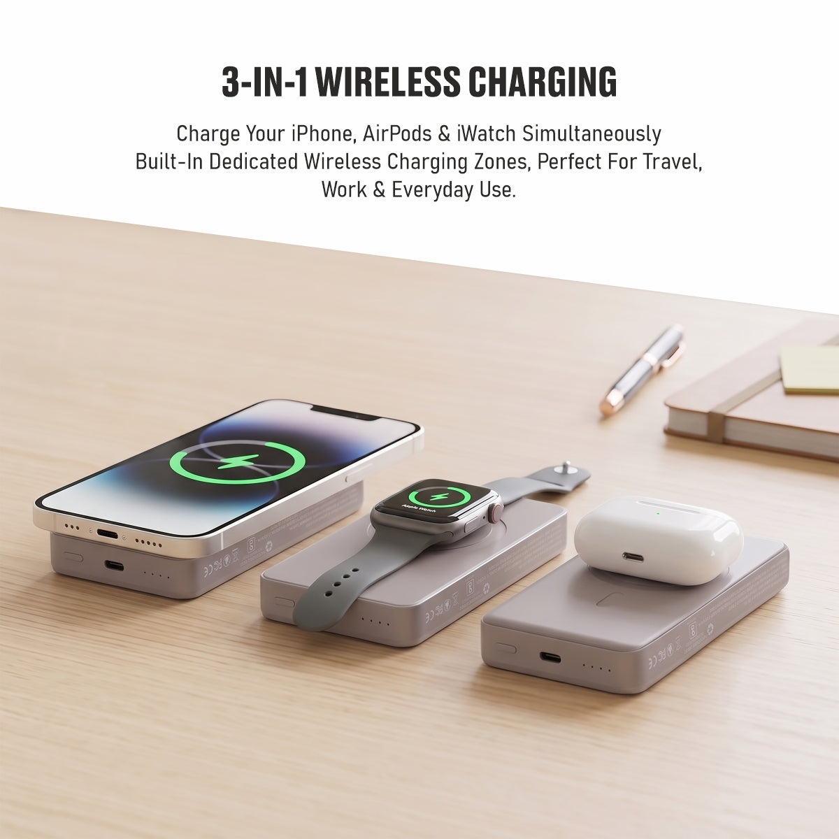 Muvtech Slim Pro 10,000mAh 3-in-1 power bank in Titanium, charging an iPhone, Apple Watch and AirPods