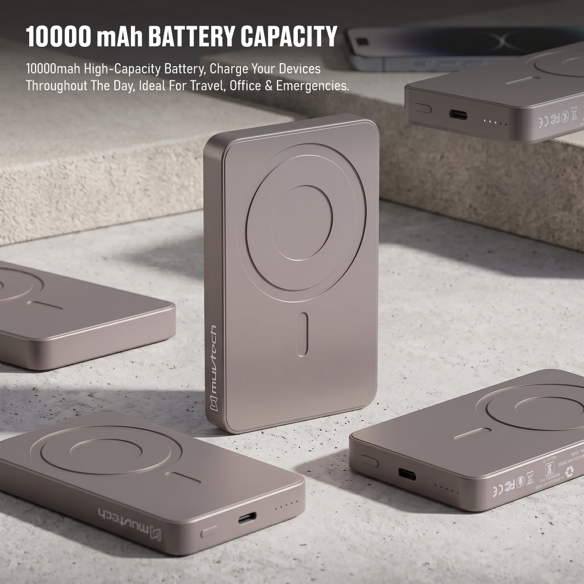 Muvtech Slim Pro 10,000mAh 3-in-1 power bank in Titanium, 10,000mAh capacity