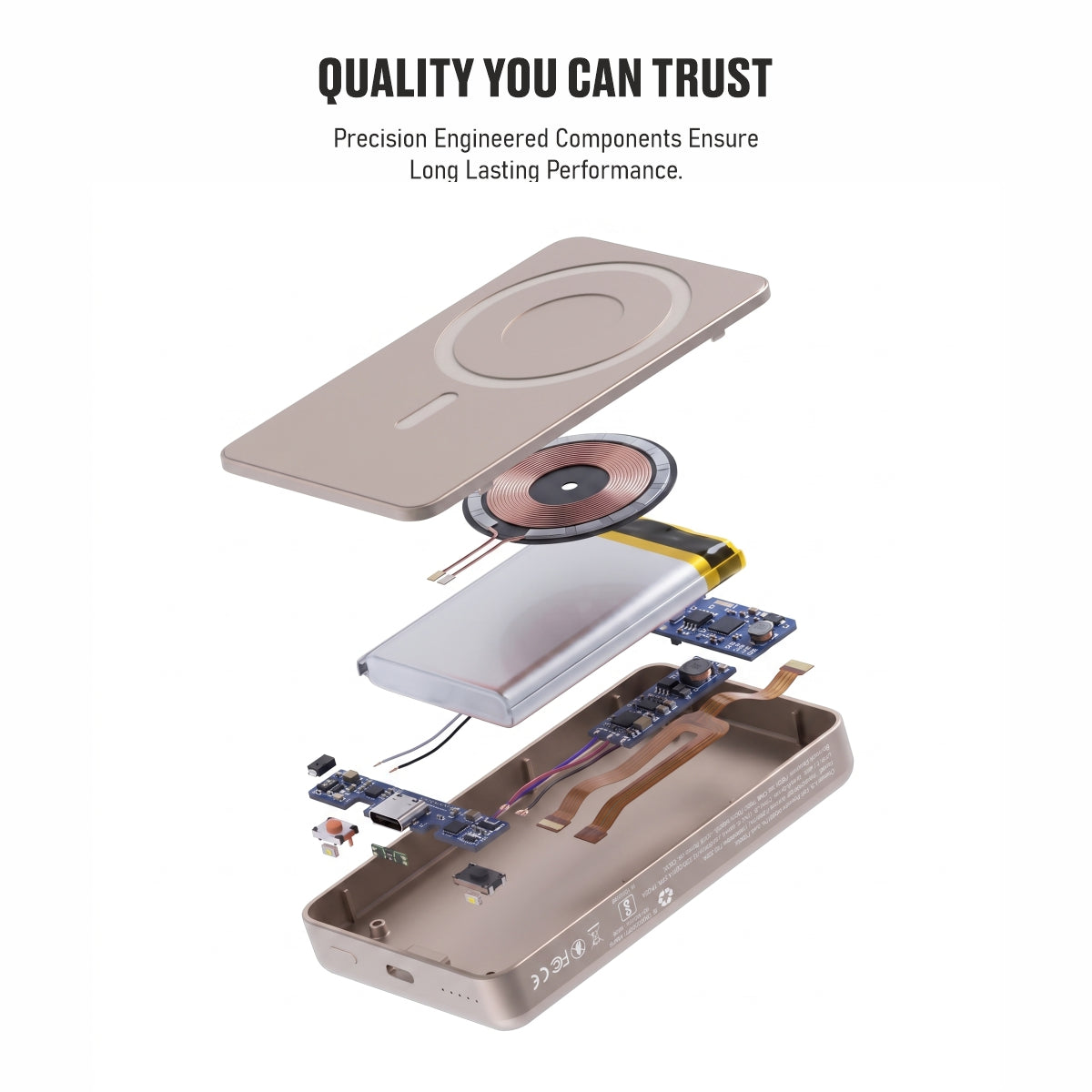 Muvtech Slim Pro 10,000mAh 3-in-1 power bank in Titanium, exploded view of internal components