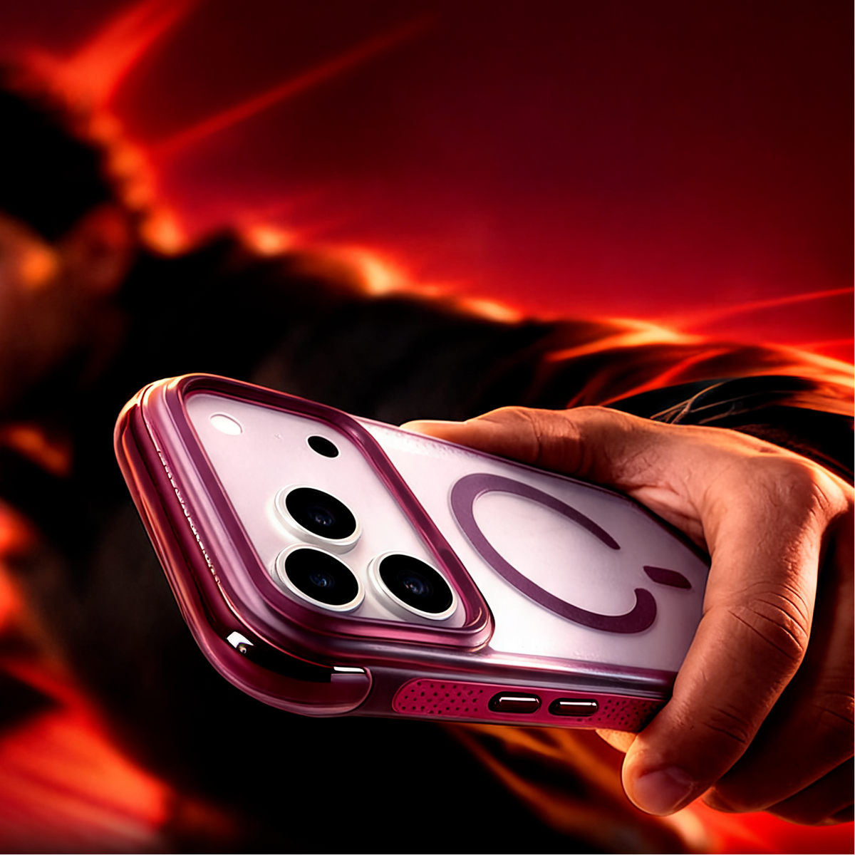Muvtech Tinto Case for iPhone 18 Pro in Burgundy, lifestyle