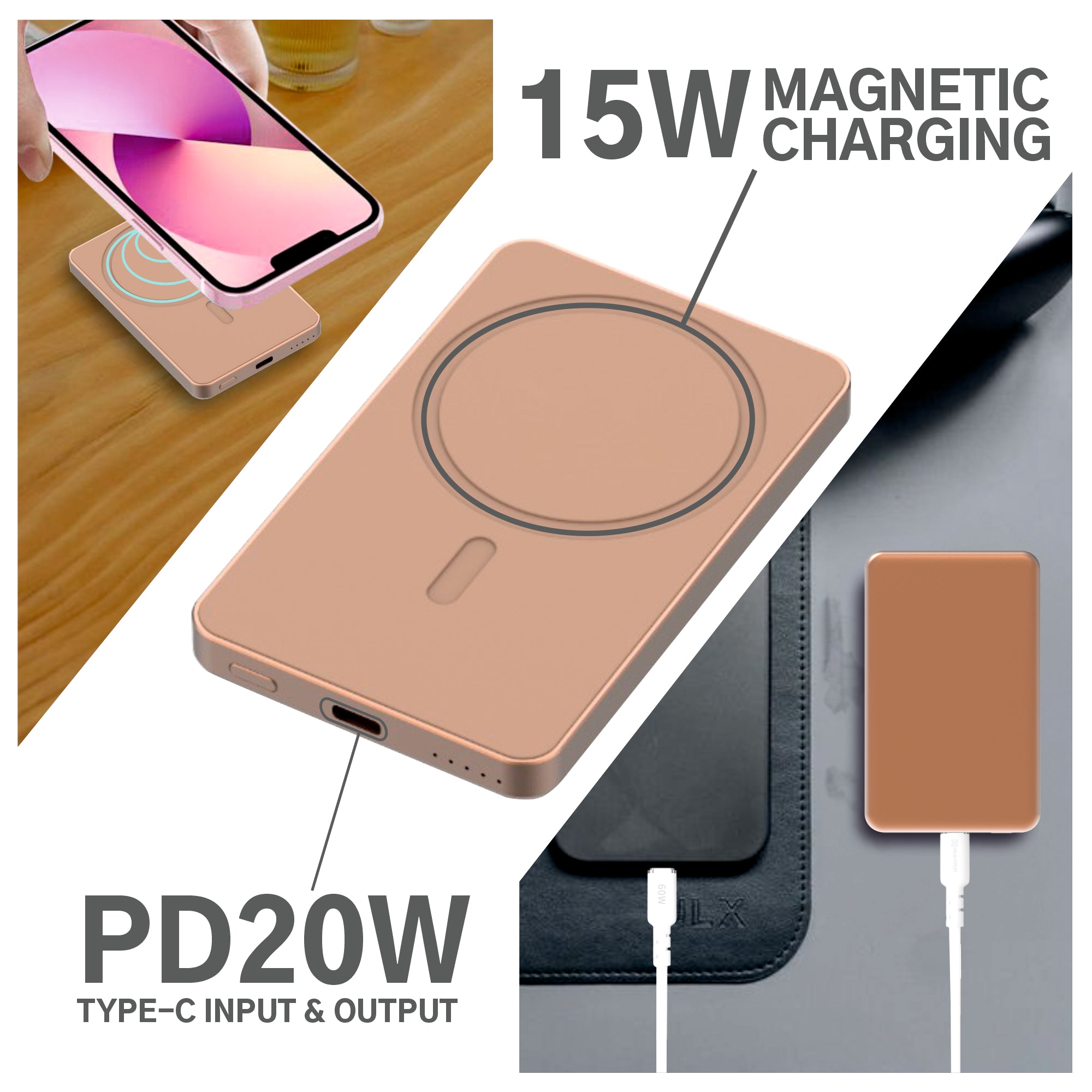 Ultra Slim 5000mAh MagClick Metal Power Bank (Pocket & Travel-Friendly) offers 15W Wireless Charging and 20W Wired Fast Charging for iPhone 16.Series, iPhone 15 Series and magnetic Devices.