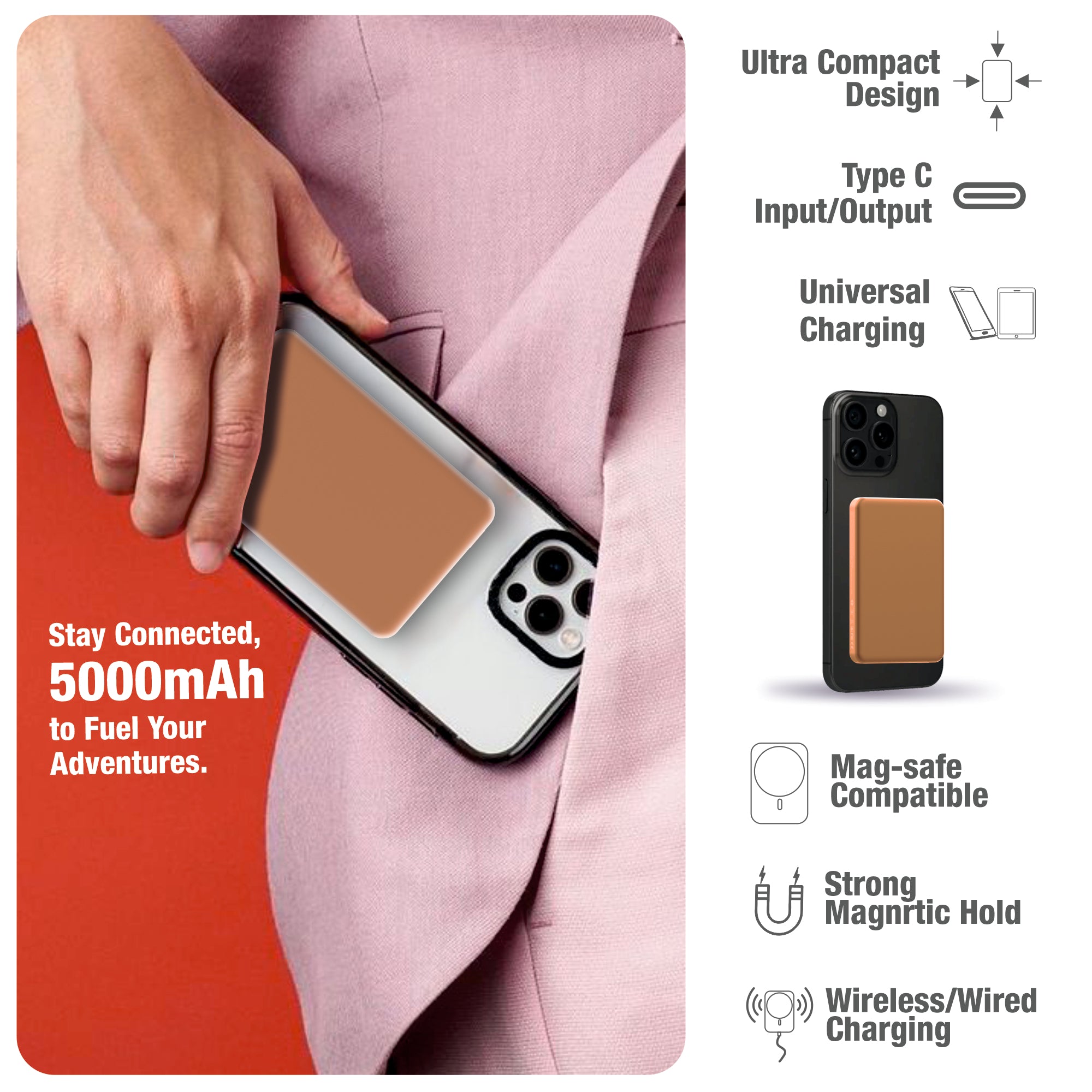 Ultra Slim 5000mAh MagClick Metal Power Bank (Pocket & Travel-Friendly) offers 15W Wireless Charging and 20W Wired Fast Charging for iPhone 16.Series, iPhone 15 Series and magnetic Devices.