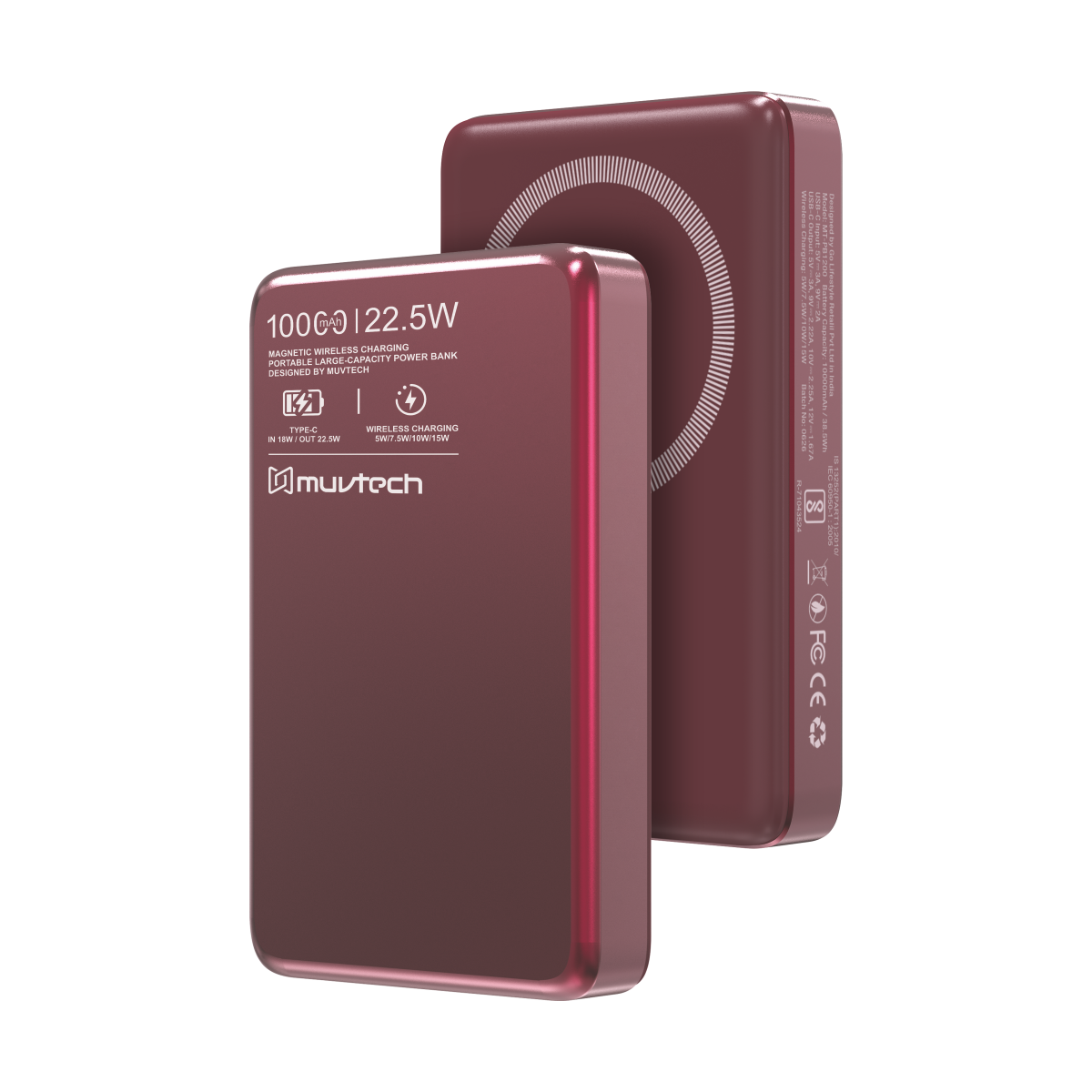 Muvtech Orion 10,000mAh magnetic power bank in Burgundy, angled front and back view