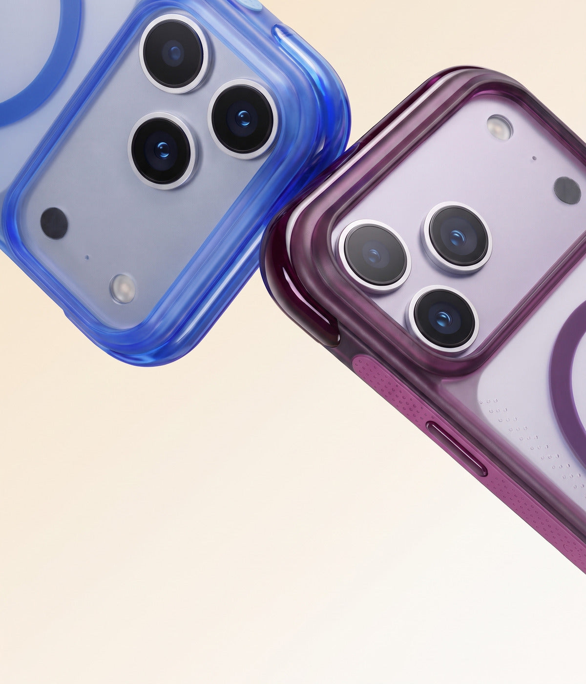 Muvtech iPhone 17 cases in blue and burgundy translucent finishes
