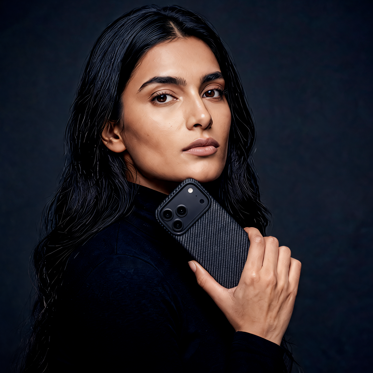 Muvtech Kevo Case for iPhone 18 Pro in Black, aramid-fibre print, held by a model