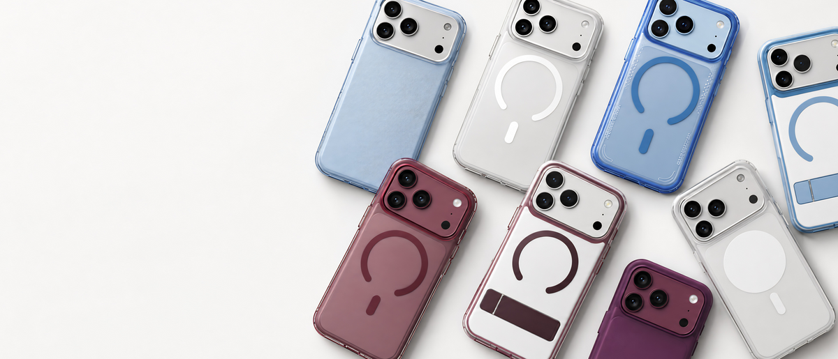 A collection of MagSafe-compatible phone cases in various colors, including light blue, white, royal blue, burgundy, and purple, arranged diagonally on a clean white background.