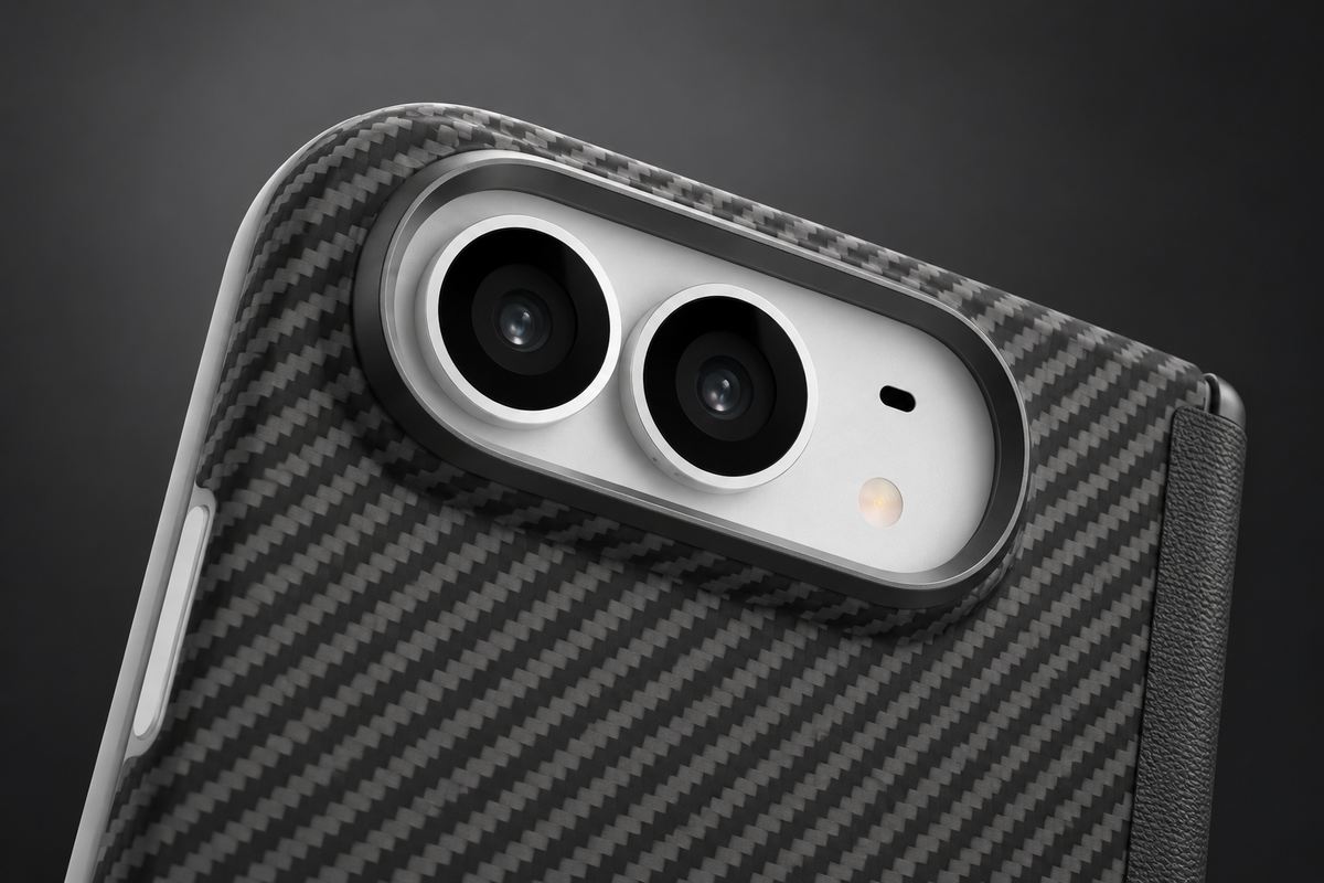 Close-up of the raised camera rim on the Muvtech Kevo Kevlar case for iPhone Duo #Color_Black