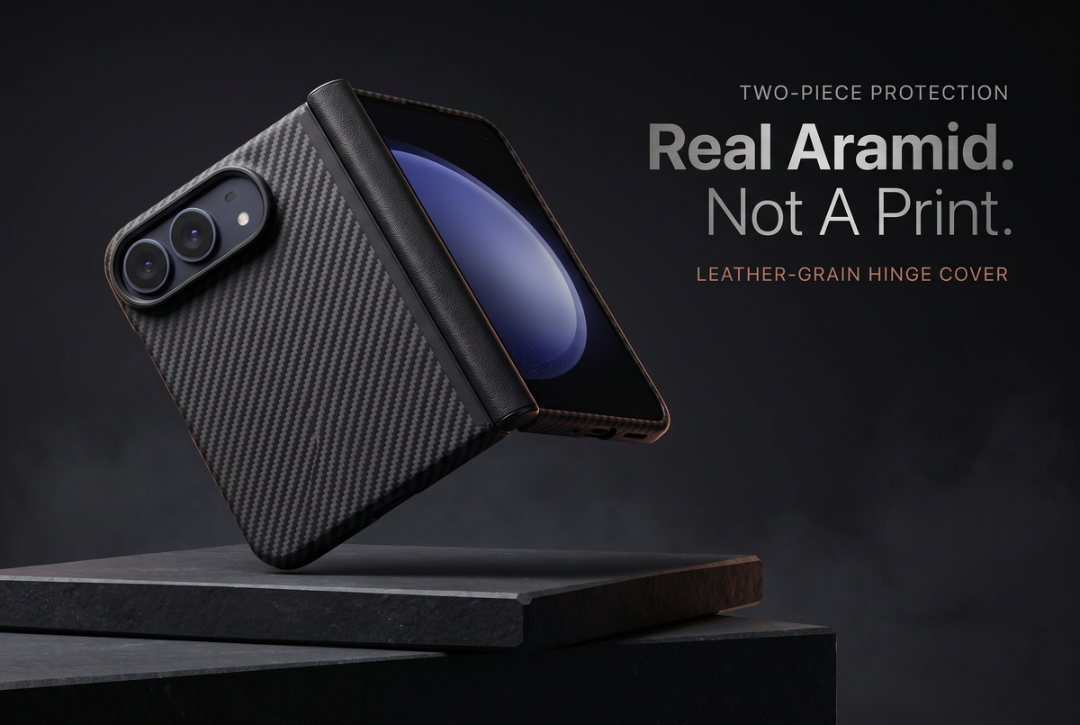 Muvtech Kevo case for iPhone Duo: real aramid, not a print, with a leather-grain hinge cover #Color_Black