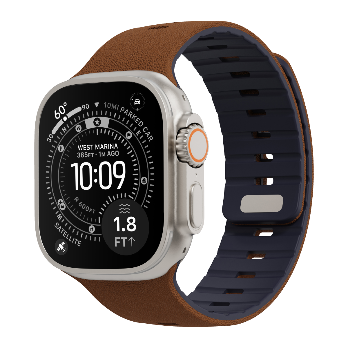 Duo magnetic Apple Watch strap in Caramel, tan and navy, on Apple Watch Ultra