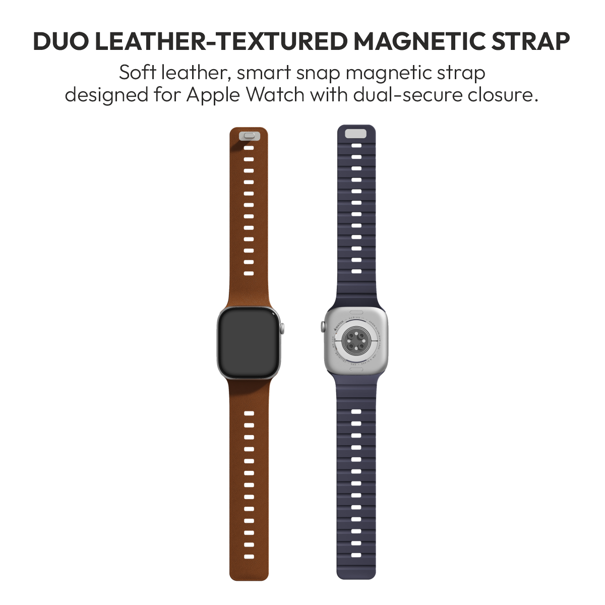 Duo Caramel leather-textured magnetic strap, top and underside