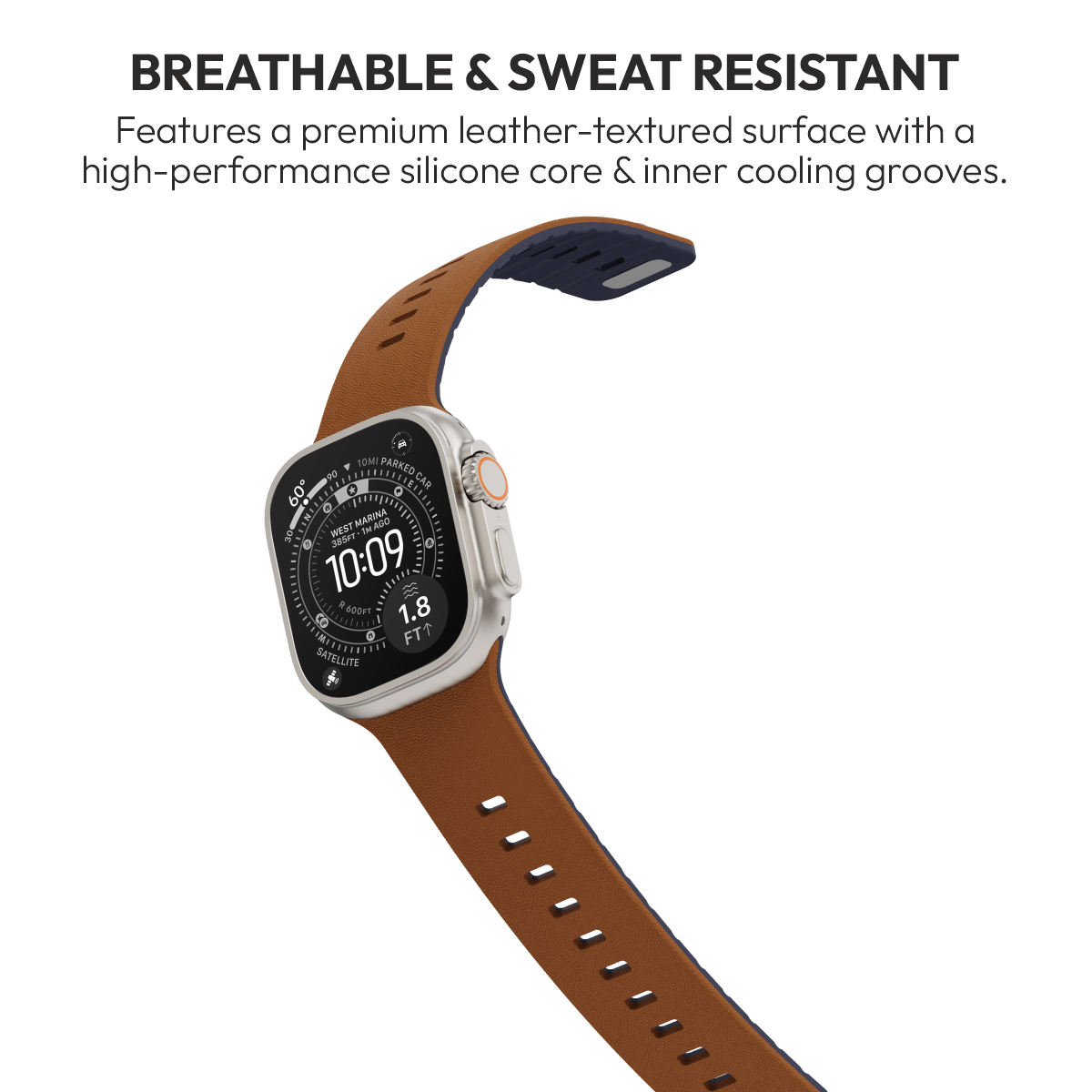 Duo Caramel strap with its navy silicone underside on Apple Watch