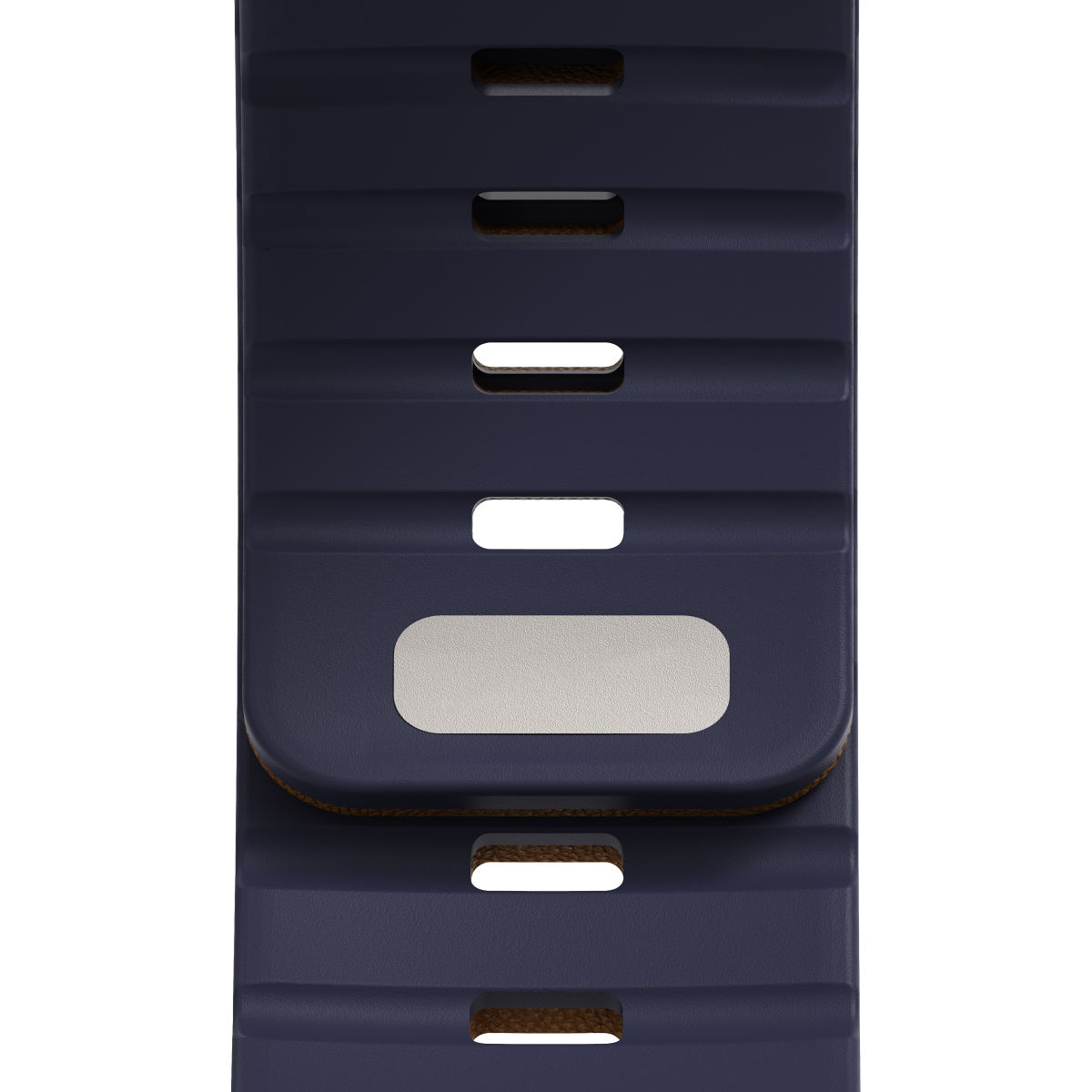 Close-up of the Duo Caramel strap and tuck-lock pin