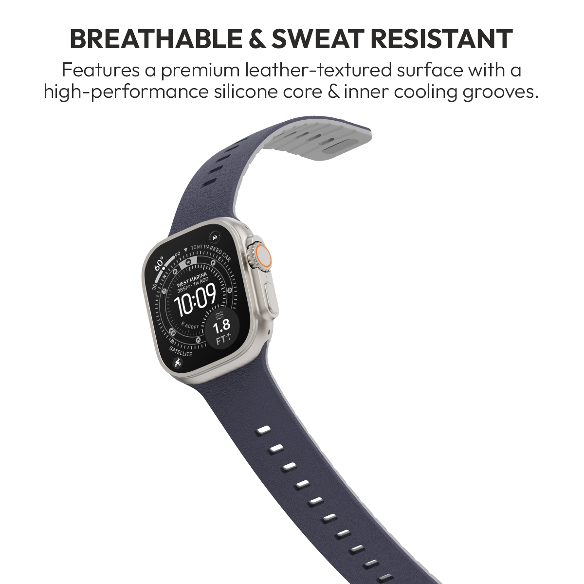 Duo Midnight strap with its grey silicone underside on Apple Watch