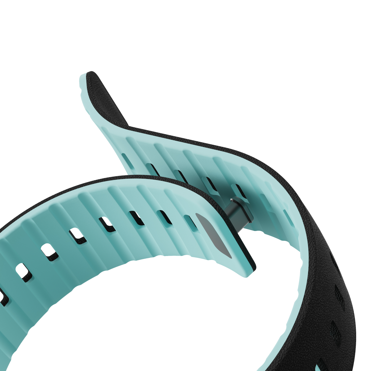 Duo Onyx strap twisted to show the black top and teal underside