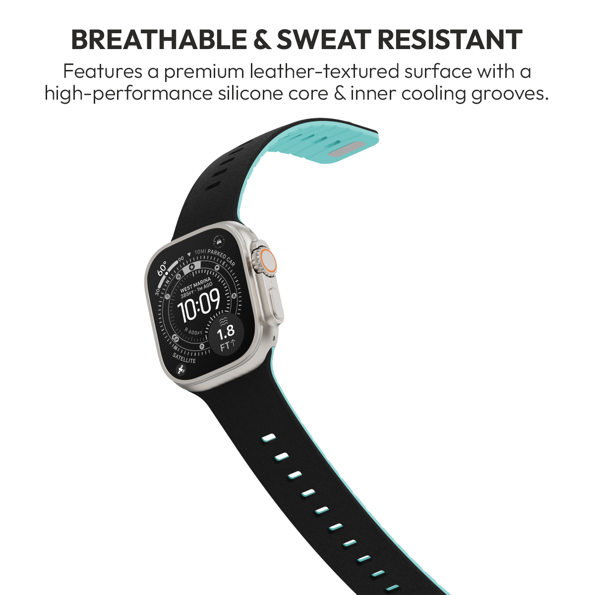 Duo Onyx strap with its teal silicone underside on Apple Watch